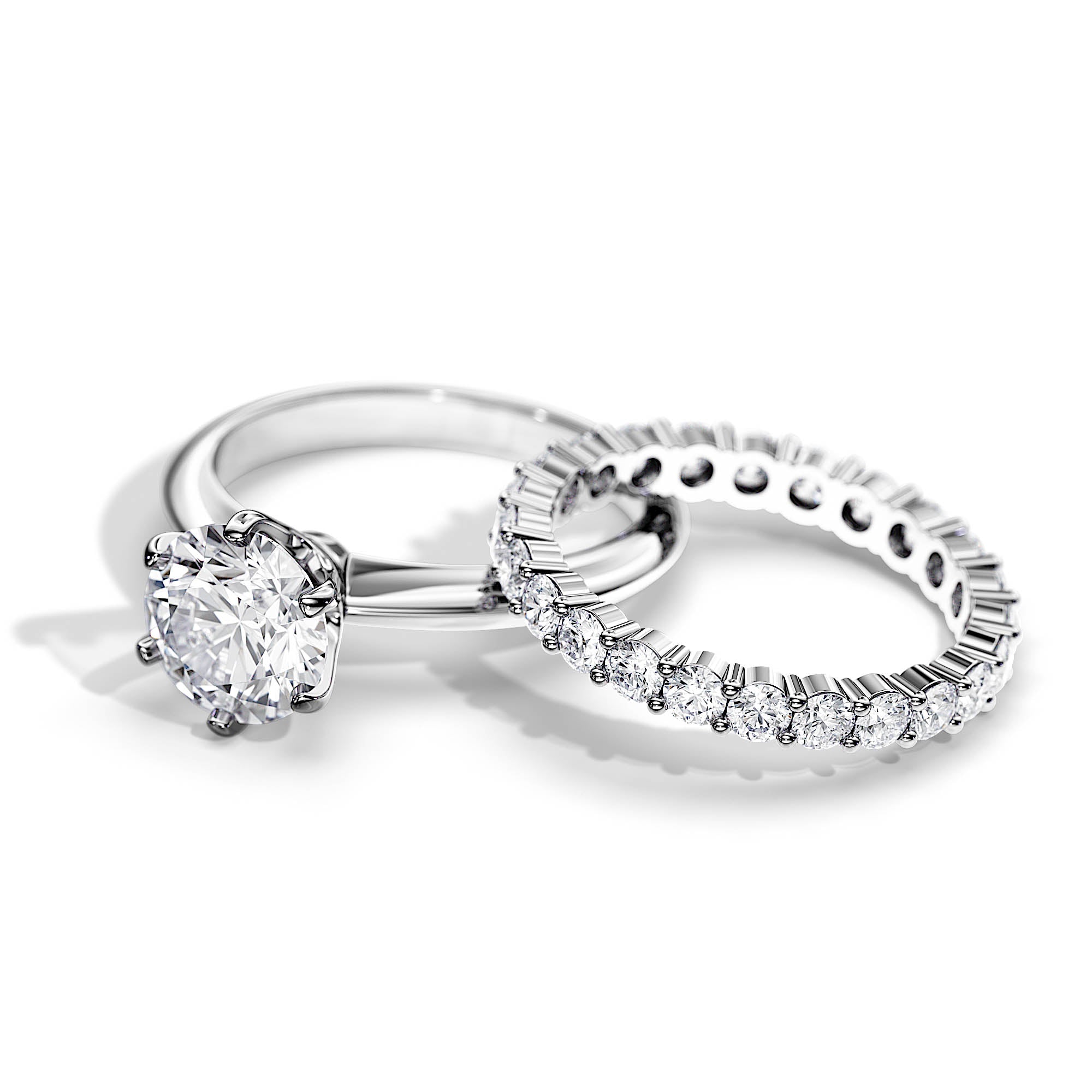 Classic Round Solitaire Diamond Engagement Ring & Half-Eternity Wedding Band Set in White Gold