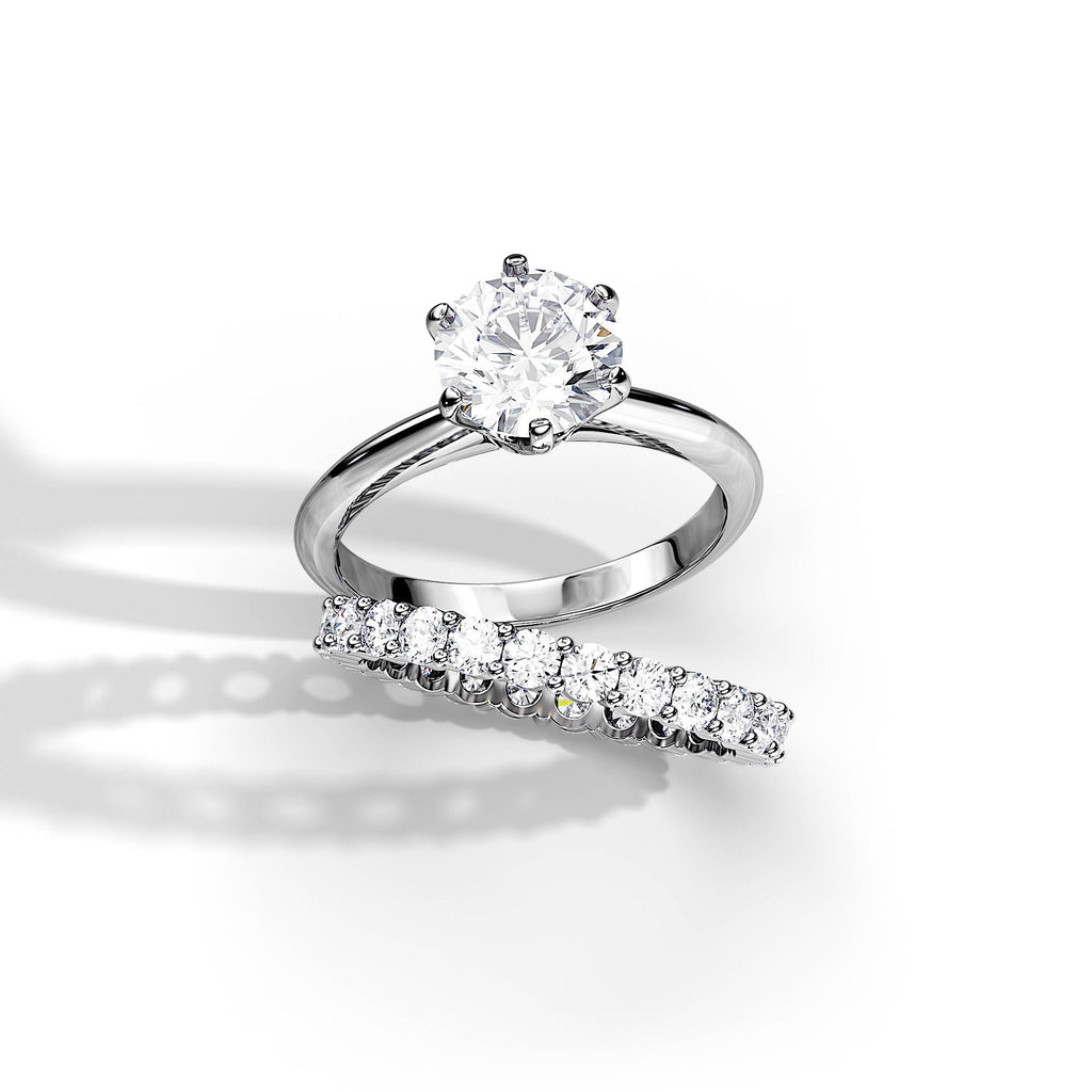 Classic Round Solitaire Diamond Engagement Ring & Half-Eternity Wedding Band Set in White Gold