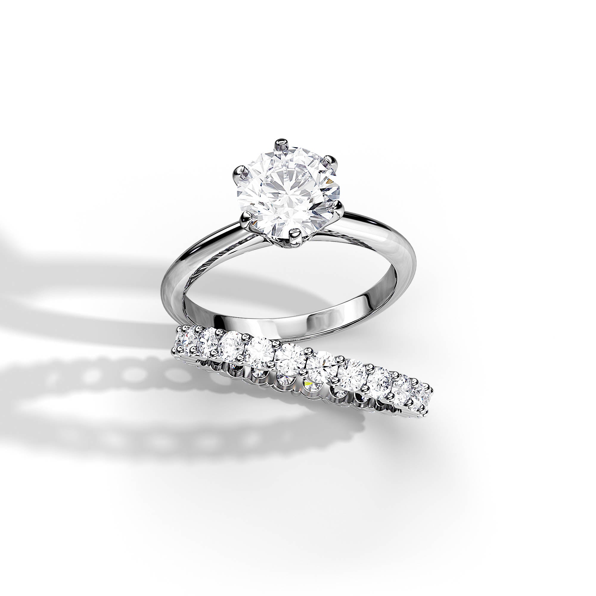 Classic Round Solitaire Diamond Engagement Ring & Half-Eternity Wedding Band Set in White Gold